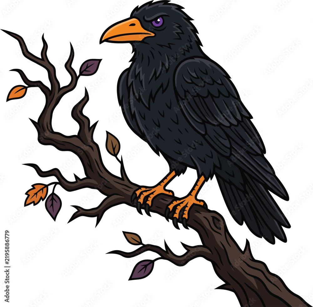 Obraz premium A detailed cartoon illustration of a dark raven perched on a gnarled autumn branch.