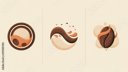 Abstract coffee themed with beans, swirls, and liquid shapes in warm brown tones