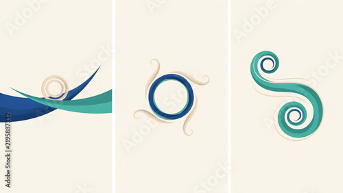 Abstract decorative set with swirling blue and green shapes on a neutral beige background