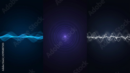 Abstract digital background, with blue light, waves, a central, purple ripple, and, white sound waves
