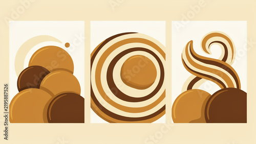 Abstract dessert and chocolate themed prints set with creamy swirls and brown sphere compositions