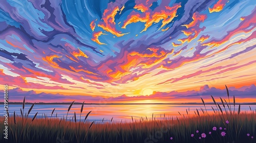 Vibrant sunset over calm water with tall grass and flowers clouds lake
