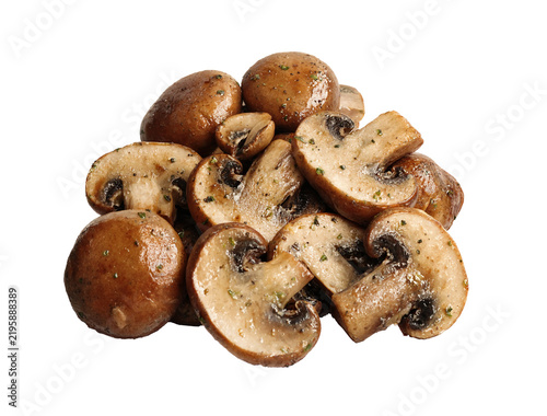 Delicious marinated mushrooms with parsley isolated on white.