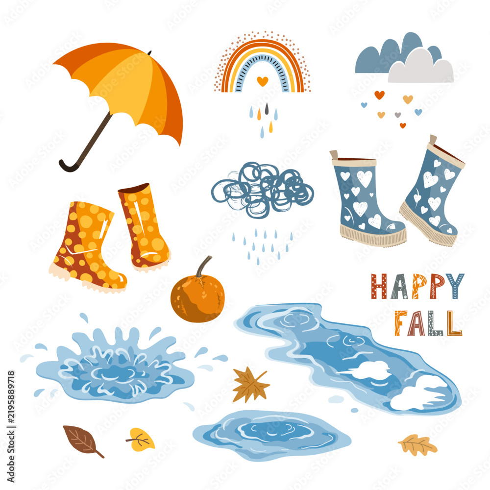 Fototapeta premium Autumn rainy weather symbols doodle elements. Vector illustration.