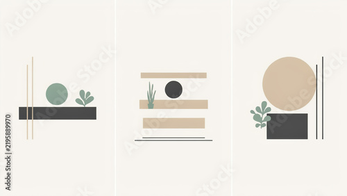 Abstract geometric composition with circles, rectangles, and botanical leaf shapes in muted earth tones