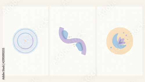 Abstract geometric icons featuring concentric circles, wavy lines, and a lotus flower with moon