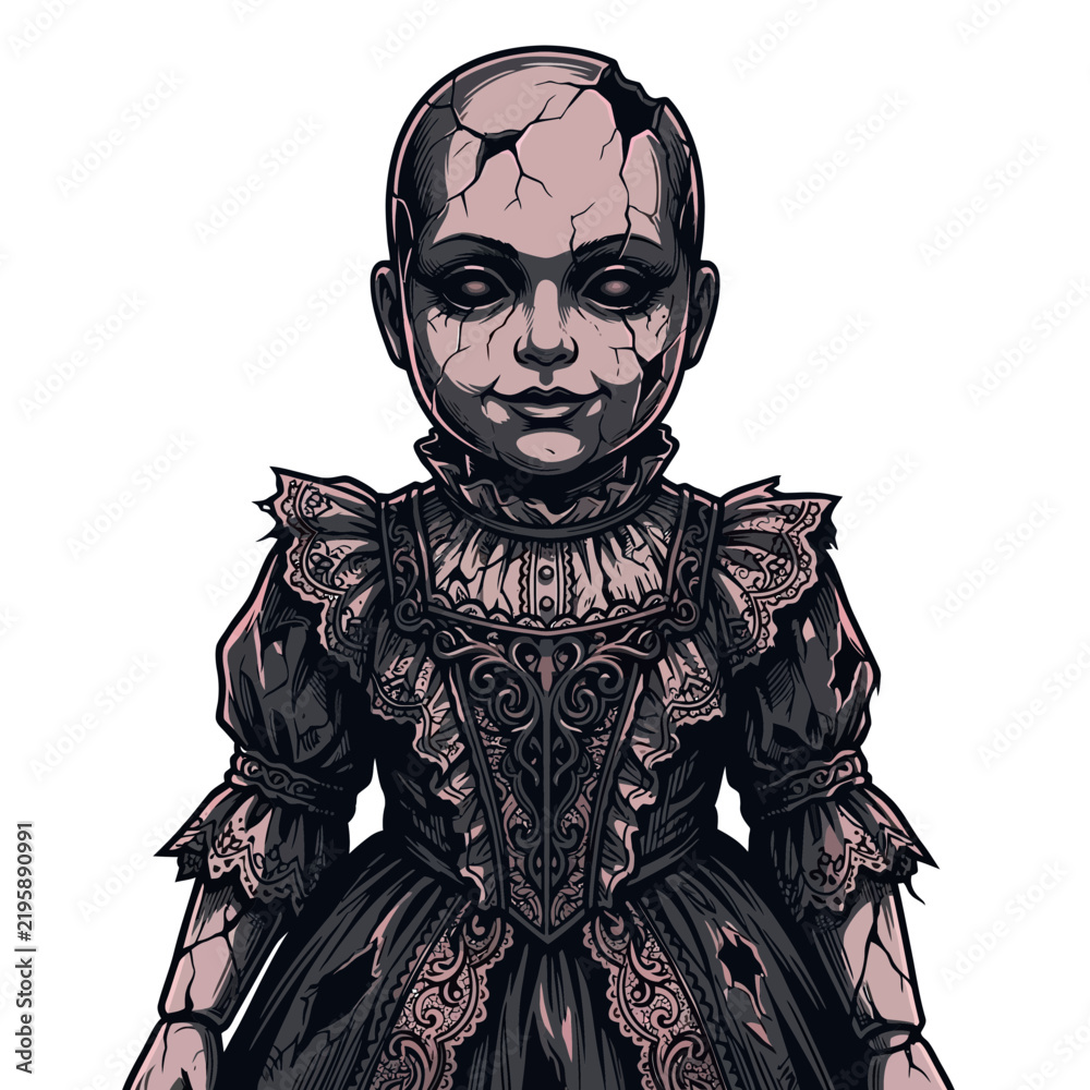 Fototapeta premium Creepy Cracked Doll Vintage Horror Gothic Style