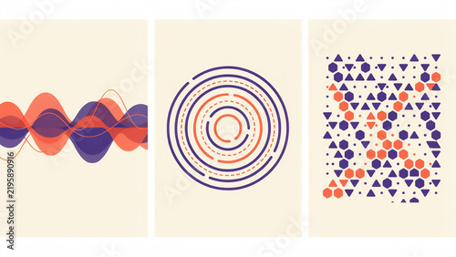 Abstract geometric set featuring flowing waves, concentric circles, and hexagonal dot patterns