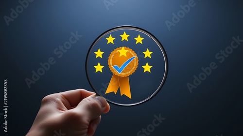 Magnified award with stars and checkmark medal ribbon