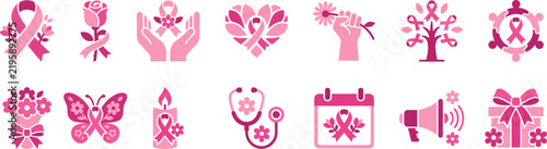 A vibrant and supportive collection of vector illustrations promoting breast cancer awareness month emphasizing hope strength and early detection for all