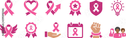 A collection of vibrant pink ribbon vector illustrations designed to promote breast cancer awareness month and support research initiatives