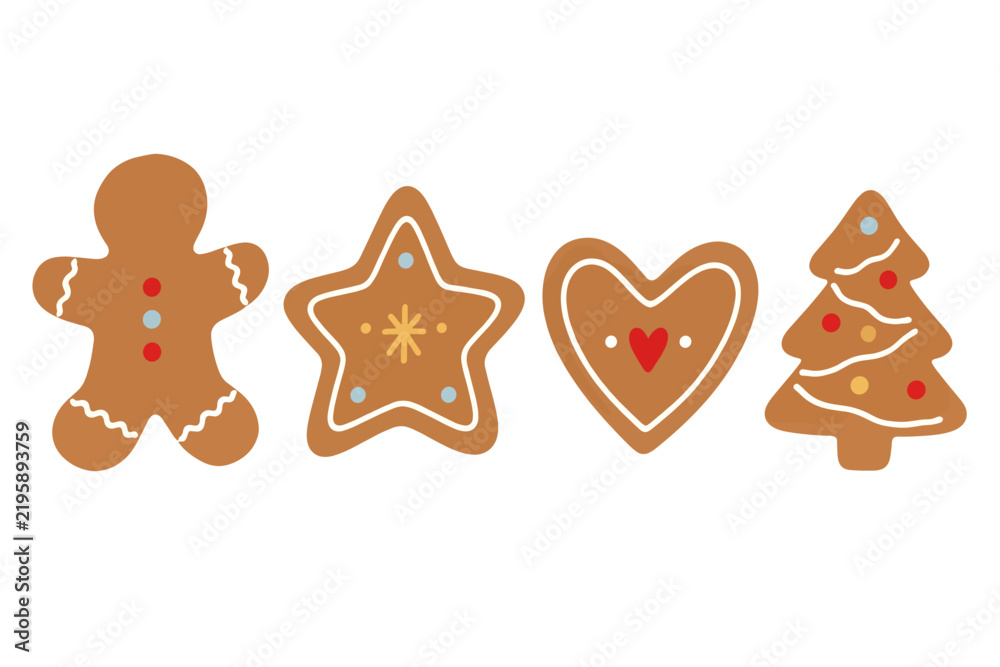 Fototapeta premium Christmas gingerbread cookies in four festive shapes