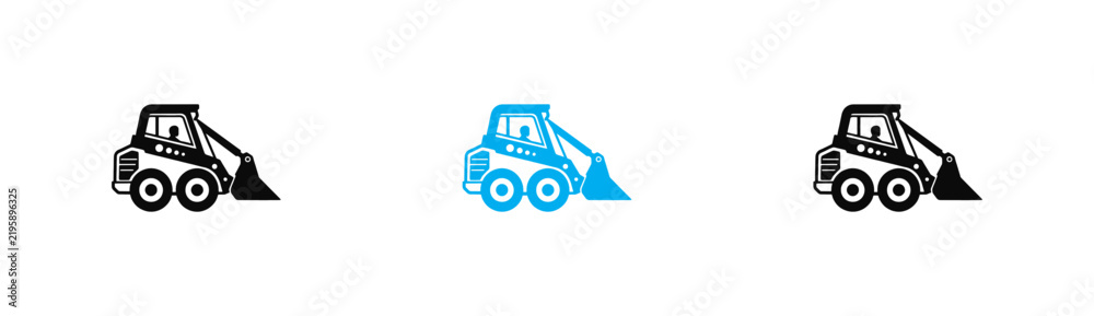 Fototapeta premium Skid Steer Loader Icon Set, Compact Excavator Machinery Symbol, Mini Bulldozer Heavy Construction Equipment Vector, Industrial Loader Digger Vehicle Sign Element .