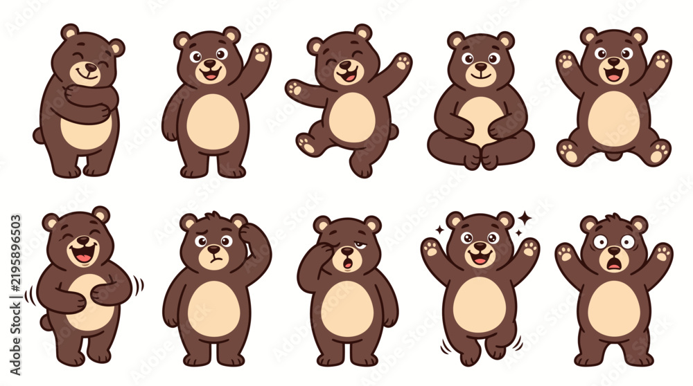 Fototapeta premium Set of Cute Cartoon Brown Bear Characters in Various Poses and Expressions