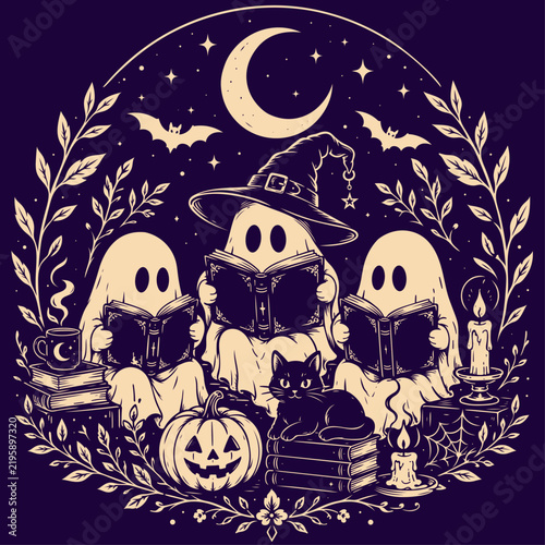Niedliche Halloween Geister beim Lesen mit schwarzer Katze und Kürbis als handgezeichnete Vektor Illustration. Für Sticker, T-Shirts, Halloween Dekorationen, Papeterie und kreative Designprojekte.
