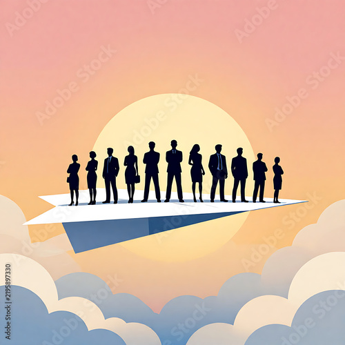 A silhouette image of aviation business people