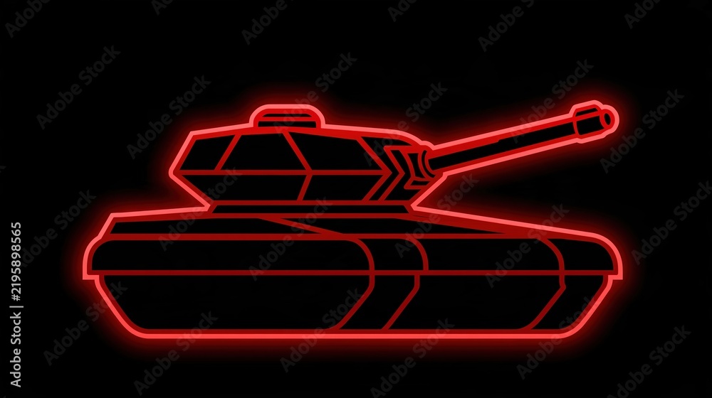 Obraz premium Char de combat militaire illustré avec un contour lumineux néon rouge sur fond noir