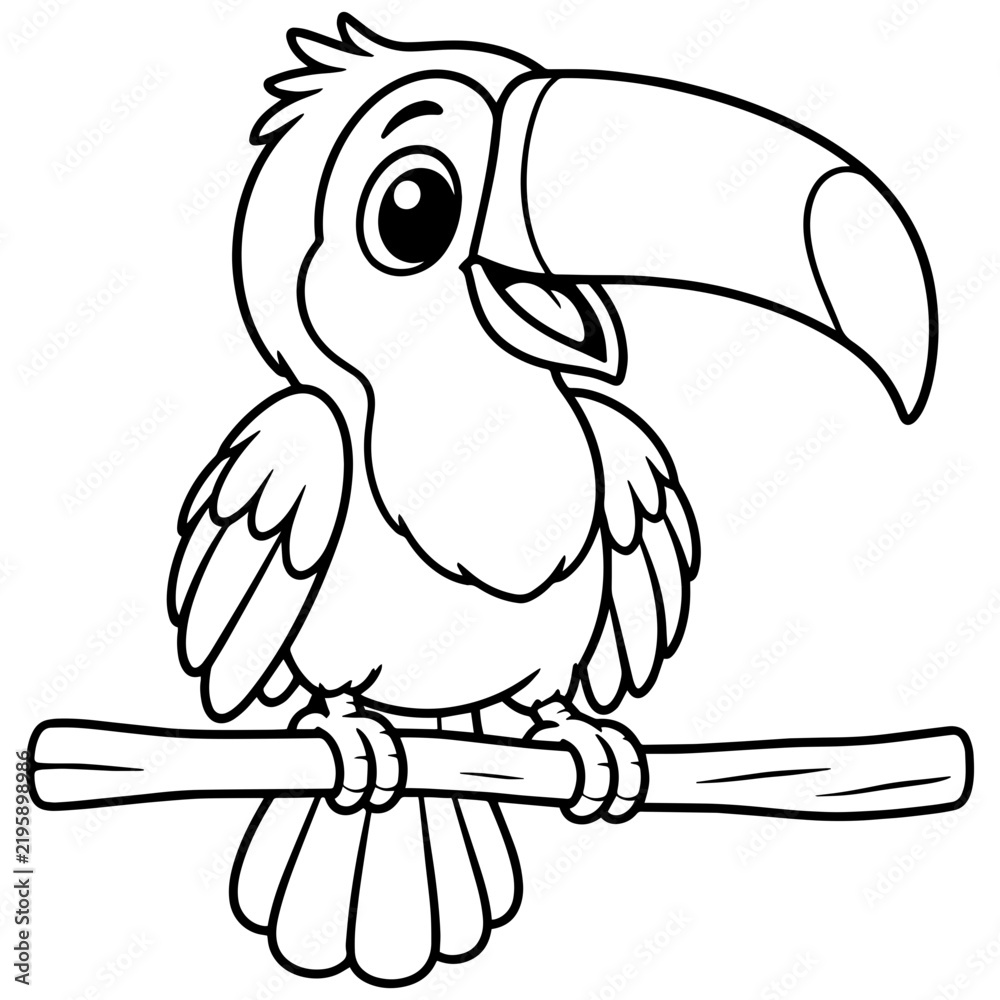 Fototapeta premium Cute toucan perched on a branch with a large curved beak, black and white vector coloring page for kids, tropical nursery art, and laser engraving.