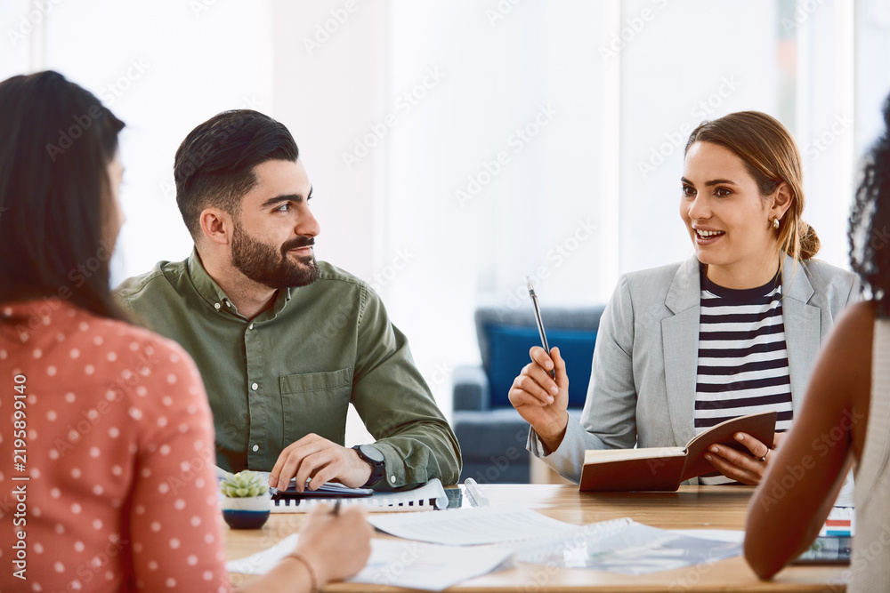 Fototapeta premium Business, manager or team in office with meeting, campaign briefing or discussion on creative pitch. Talk, people or brand director with notebook, ads feedback or collaboration on marketing proposal
