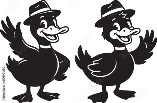 Two cute black cartoon ducks wearing fedora hats and waving their wings with cartoon duck funny duck fedora hat cartoon character black silhouette duck icon animal icon bird icon