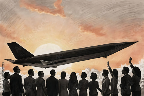 A silhouette image of aviation business people