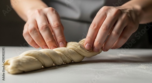 Close-up of hands skillfully twisting raw dough, preparing to bake fresh bread in a culinary setting.