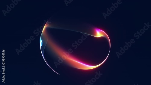 Colorful neon sphere with flowing blue, purple and orange light on dark background, ideal for futuristic technology and digital energy visuals.