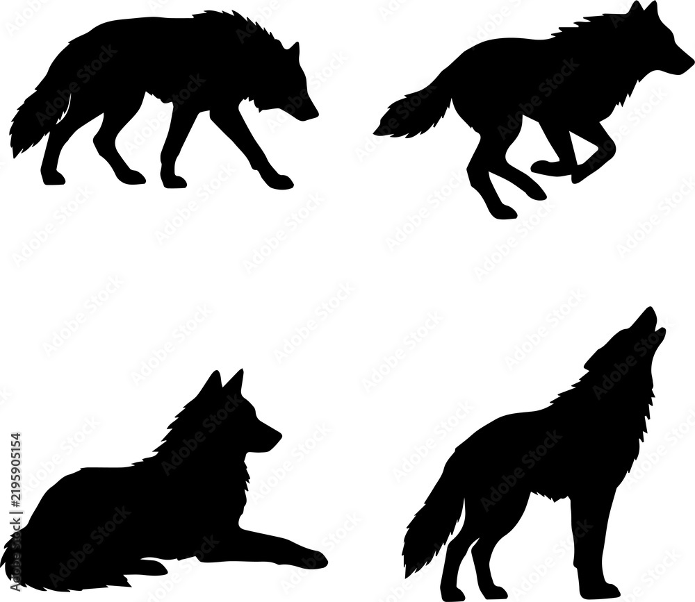 Obraz premium A set of dark icons featuring a howling wolf, set of wolf silhouettes