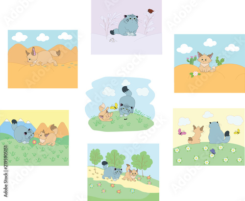 Cute cartoon wild cats adventure illustrations mega pack set, funny baby manul pallas cat and sand cat kitten characters, fairytale landscape storyboard scenes for kids book.