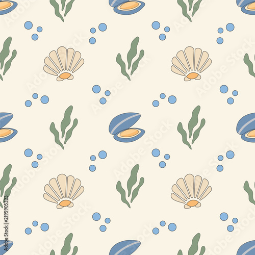 Cute Seashell and Seaweed Seamless Pattern with Clam Shells, Blue Bubbles and Coastal Ocean Elements