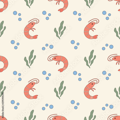 Cute Shrimp and Seaweed Seamless Pattern with Coral Prawns, Blue Bubbles and Underwater Elements