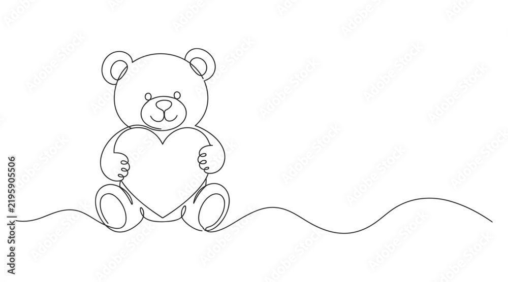 Fototapeta premium Cute teddy bear holding a heart continuous line art illustration with stuffed animal