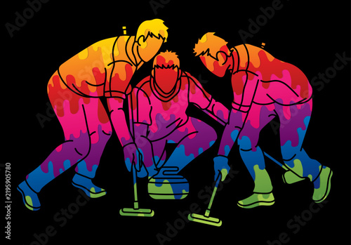 Curling Sport Team Group of Male Players Action Cartoon Graphic Vector