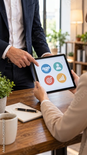 Professional business meeting discussing strategic growth and development planning on digital tablet screen for corporate success.
