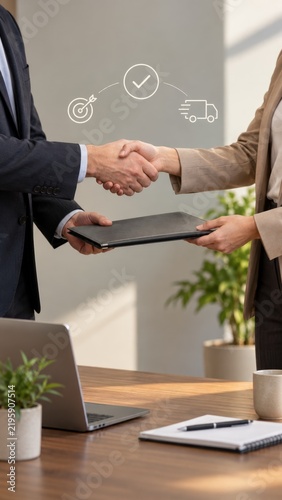 Professional business partners shaking hands to confirm logistics delivery and successful agreement signing in office environment.