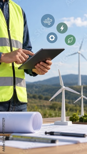 Professional engineer reviewing wind energy infrastructure digital tablet data plans.