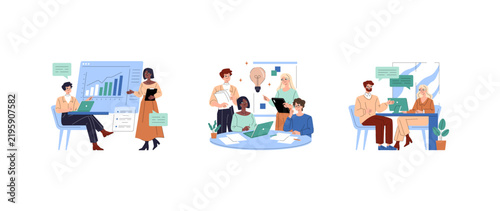 Business team discussing charts and ideas in office set