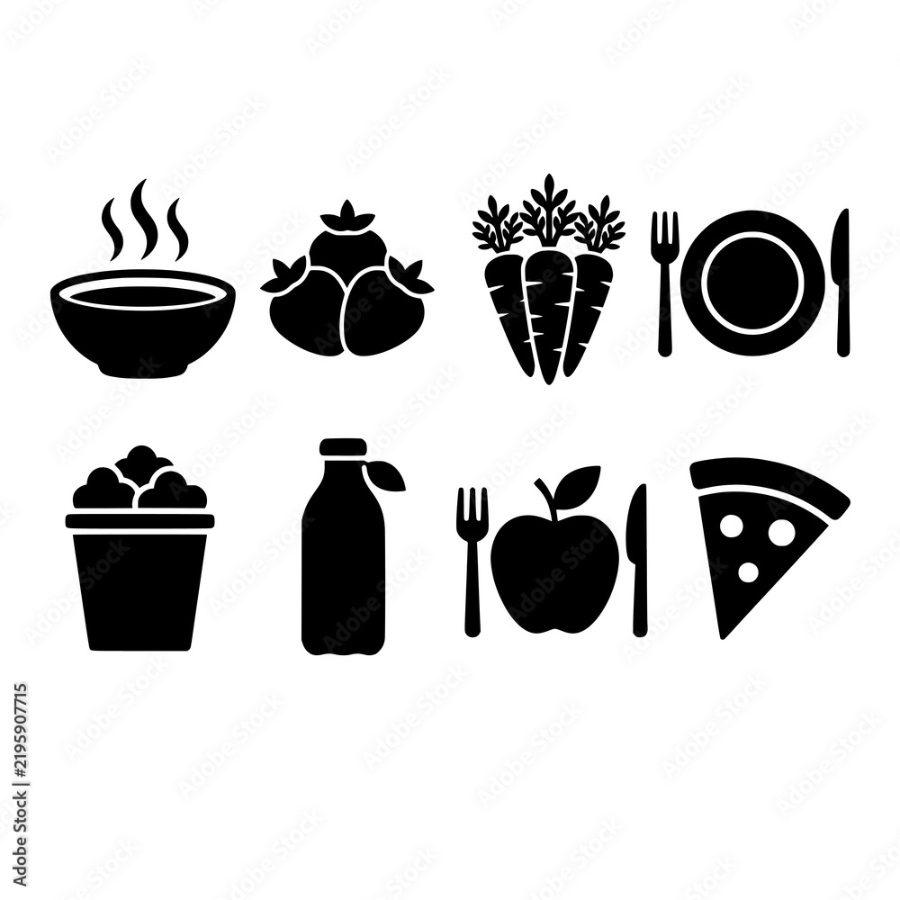 Fototapeta premium Food icons collection showing various meal options and ingredients in a black silhouette style.