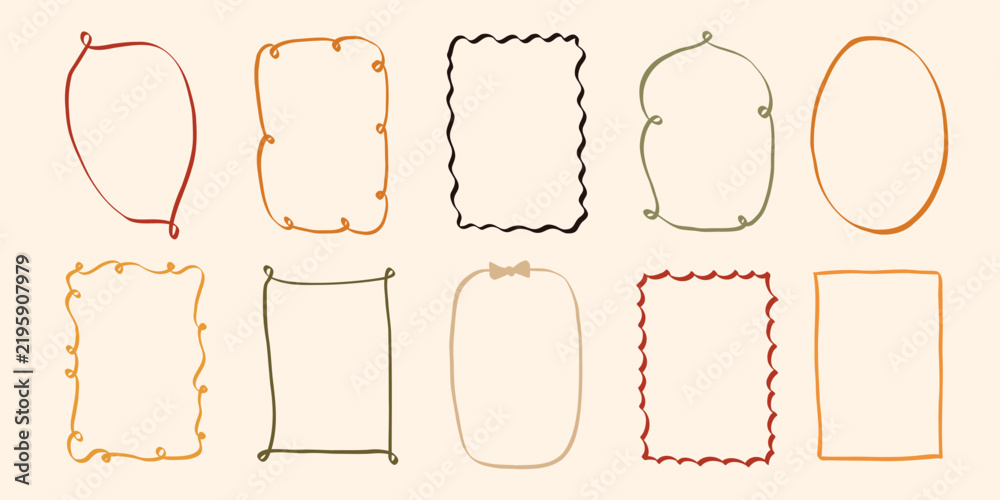 Fototapeta premium Whimsical doodle frames line art set. Whimsy hand drawn vintage coquette minimalist borders. Coquette vector illustration for banner, cards, invitation template