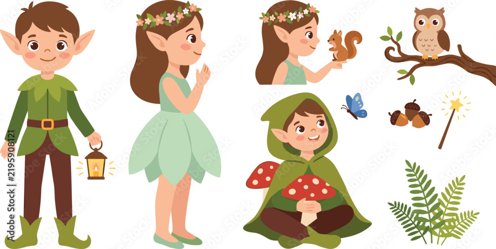 Fototapeta premium Cute Magical Forest Elves and Fairies Vector Character Set with Woodland Animals Mushrooms and Nature Elements for Children Fantasy Designs