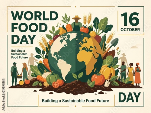 World Food Day illustration, October 16th, diverse people, sustainable agriculture, global food security, healthy eating, organic produce, farming community, environmental care