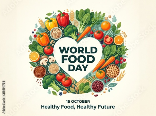 World Food Day Heart Illustration, Healthy Food & Future Concept, Organic Produce, Nutrition Awareness, October 16 Celebration
