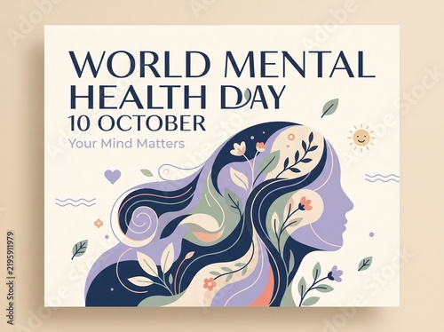 World Mental Health Day illustration, October 10th, abstract profile with nature elements, promoting well-being and self-care concepts, soft pastel color palette