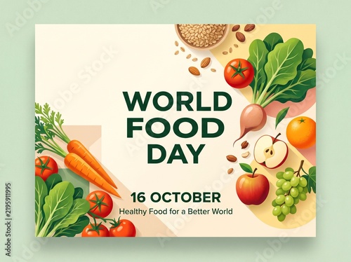 World Food Day Celebration, Healthy Food for a Better World, October 16th, Fresh Produce and Grains Illustration for Global Awareness Campaigns