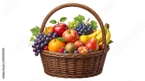 Abundant wicker fruit basket with fresh apples, grapes, and bananas. Assorted organic summer fruits in a woven hamper. Healthy harvest gift basket. isolated PNG with Transparent Background
