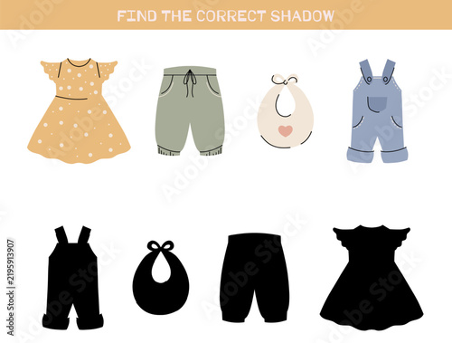 Vector educational game for children. Find the correct shadow of child clothes. Practice template with hand drawn child outfits