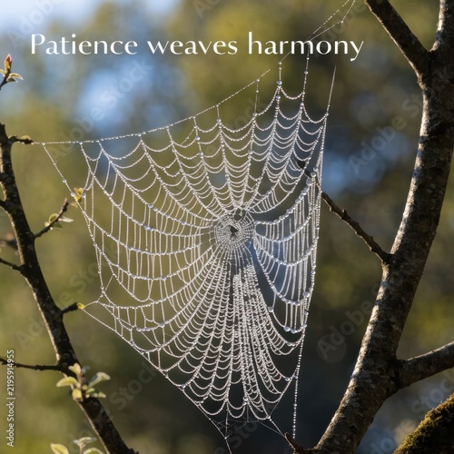 Detailed close-up of an intricate orb spider web covered in morning dew droplets, suspended between tree branches in the sunlight with a soft blurred natural forest background.
