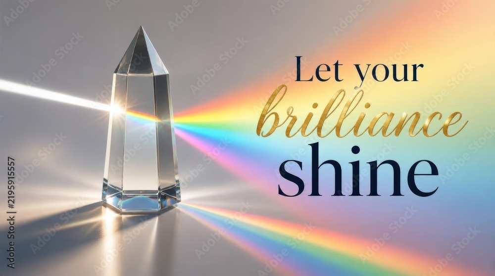Fototapeta premium Glass prism obelisk on reflective surface refracting white light beam into rainbow spectrum with motivational text Let your brilliance shine on soft gradient background.