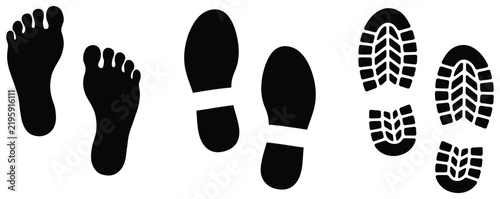 Footprint icons featuring shoe sole prints and barefoot impressions for walking trails, human movement, fitness, tracking, and footwear design.