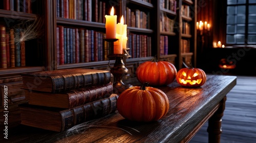 Candlelit library scene with pumpkins and old books on a wooden table during Halloween night